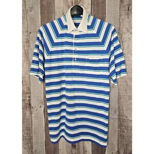 Vintage JANTZEN Natural Touch Polo Shirt Blue White Stripe Pocket Men Large Gift